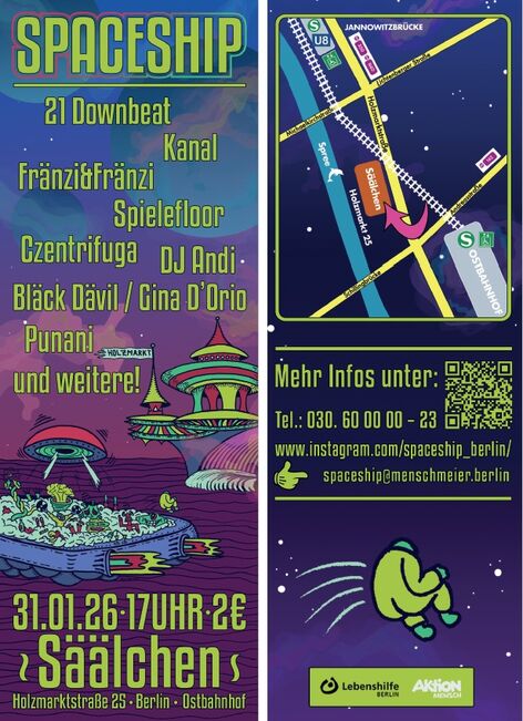 Spaceship-Flyer Januar 2026 mit Bandnamen, einem Raumschiff und einer Wegkarte.