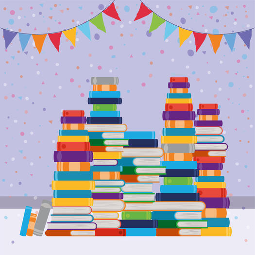 Ein Stapel mit bunten Büchern steht unter bunten Wimpeln, Bild von Freepik