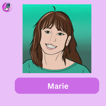 Auf dem Bild ist eine Frau mit schulterlangen braunen Haaren in einem pinken Rahmen. Darunter steht Marie. Links oben in der Ecke ist das Logo der Einfach-Reporter