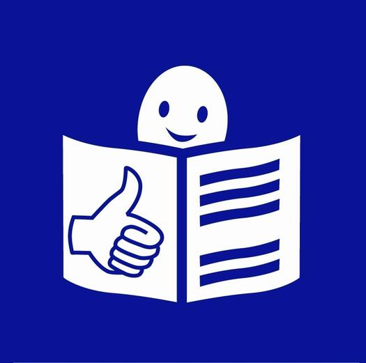 Weißes Gesicht auf blauem Hintergrund vor einem offenen Buch, Daumen hoch, Logo Inklusion Europe