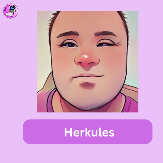 Ein Bild von einem jungen Mann in einem rosa Rahmen. Darunter steht Herkules. Links oben in der Ecke ist das Logo der Einfach-Reporter