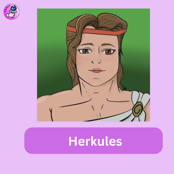 Ein Bild von einem jungen Mann in einem rosa Rahmen. Er ist wie ein Grieche aus dem Alterum gekleidet. Darunter steht Herkules. Links oben in der Ecke ist das Logo der Einfach-Reporter