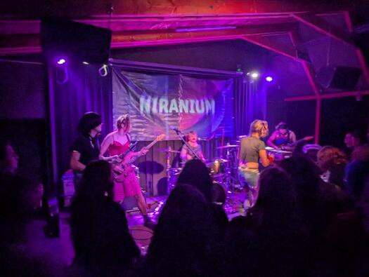 Eine Band spielt vor blau violettem Hintergrund. Darauf steht Niranium. Davor tanzen Leute. Foto: Arme Anhang