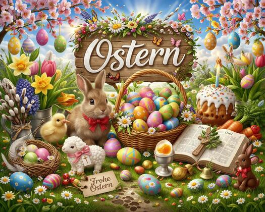 Auf dem Bild steht: Ostern. Es sind viele Ostereier auf dem Bild und ein Osterhase. Er sitzt im Frühling auf der Wiese mit einem Kuchen. Neben ihm sitzt ein Küken. Eine Bibel ist auch auf dem Bild. Das Bild ist sehr bunt. Es wurde mit KI erstellt.