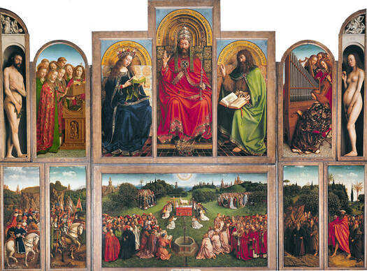 Ansicht vom Genter Altar. Urheber:Von Jan van Eyck / Vermutlich Hubert van Eyck - Web Gallery of Art: Abbild Info about artwork, Gemeinfrei, https://commons.wikimedia.org/w/index.php?curid=109213