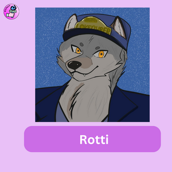 Auf dem Bild ist ein grauer Wolf in blauer Anzugjacke. Er hat eine blaue Mütze auf. Darauf steht Einfach Reporter und darunter Lokführer. Das Bild ist in einem rosa Rahmen. Links oben in der Ecke ist das Logo der Einfach-Reporter. Unter dem Bild steht Rotti. Das ist der Name des Reporters. Das Bild hat Aridrestia gezeichnet.