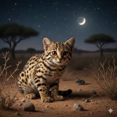 sitzende Schwarzfußkatze im Dunkeln in der Wüste Foto: mit KI gemacht.