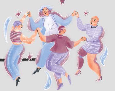 4 Frauen tanzen miteinander im Kreis. Sie halten sich an den Händen.