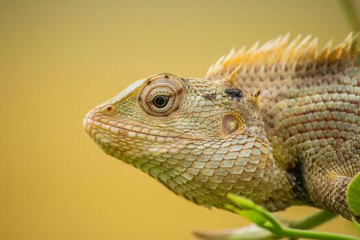 Der Kopf und Hals von einem gelben Chamäleon, Foto: Pavan Prasad auf Pixabay