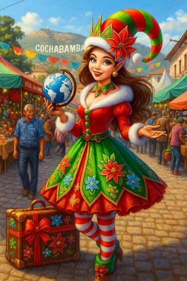 Auf dem Bild ist eine Wichtelin mit einer rot-grün gestreifen Weihnachtsmütze. Sie trägt eine rot-grünes Trachtenkleid mit rote, blauen und gelben Blüten. In der rechten Hand hält sie eine Weltkugel. Sie hat einen braunen Koffer mit blüten verziert, der eine rote Schleife, wie bei einem Geschenk hat. Die Wichtelin ist auf einem Markt in Cochabamba. Im Intergrund sieht man einen Berg. Das Bild wurde von KI erstellt.