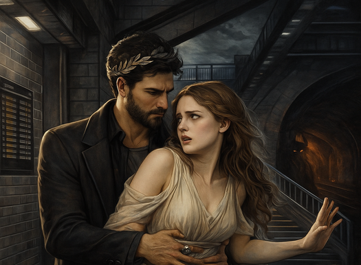 Hades und Persephone. Ein Mann packt eine Frau von hinten. Die Frau hat Angst. DerMann und die Frau sind in einer dunklen Umgebung. Das Bild wurde mit KI gemacht.