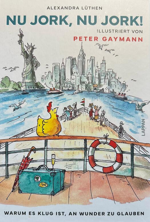 Cover von dem Buch Nu Jork, Nu Jork. Henni, das Huhn landet gerade in New York. Man sieht die Freiheitsstatur und Wolkenkratzer.