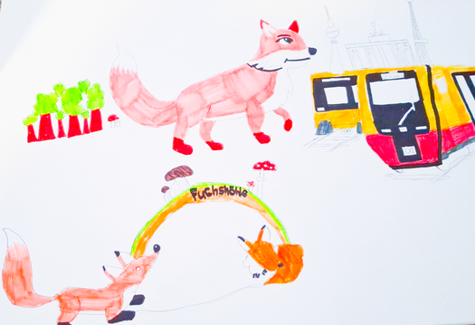 Auf dem Bild sind 3 Füchse und die Berliner S-Bahn, Bild Rotti