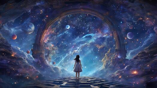 Auf dem Bild steht ein Mädchen vor dem Sternenhimmel. Sie schaut ihn an. Auch Planeten sind zu sehen. Das Mädchen schaut durch einen riesengroßen Ring. Foto: ThankYouPictures auf Pixabay.
