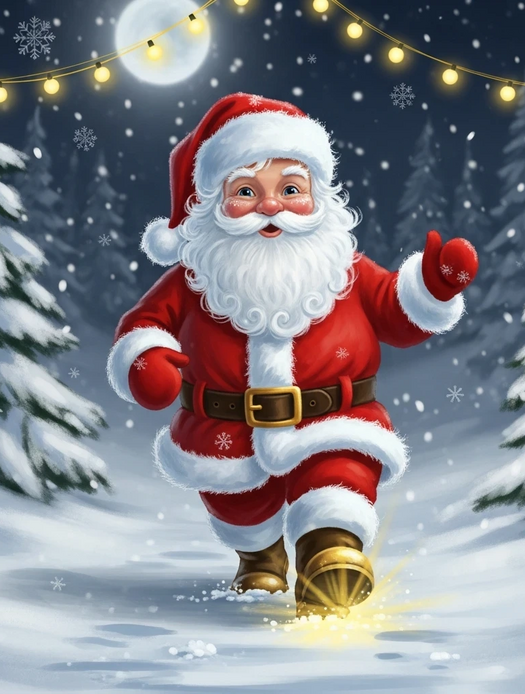 Ein Weihnachtsmann mit goldenen Füßen läuft durch den Schnee. Das Bild ist von einer KI.