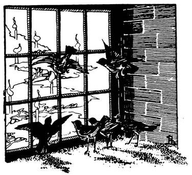 Die Sperlinge schauen durch ein Fenster