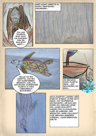 Die Schildkröte stellt sich und seine Ängste vor. Sie ist von Aussterben bedroht, weil es zu viel Plastik im Meer gibt.