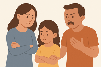 Auf dem Bild sind eine Mutter, eine Tochter und ein Vater. Die Mutter und die Tochter haben die Arme verschränkt. Alle gucken traurig. Das Bild wurde mit Canva bearbeitet.