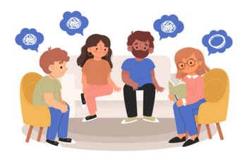 Auf dem Bild ist links ein gelber Sessel, in der Mitte ist eine graue Couch. Rechts neben der Couch ist ein zweiter gelber Sessel. Auf dem Sessel links sitzt ein Junge. Auf der Couch sitzen die Mutter und der Vater. Auf dem Sessel rechts sitzt eine Therapeutin. Alle reden mit einander. Die Therapeutin hat ein Heft und einen Stift in der Hand. Bild: freepik