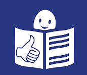 Symbol für Leichte Sprache mit einer Figur, die ein Buch hält und einen Daumen nach oben zeigt,