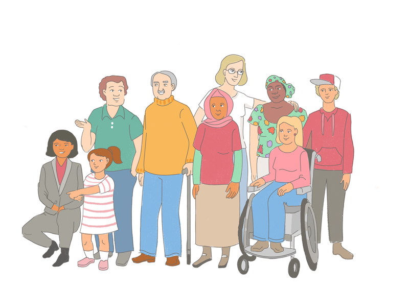 Auf dem Bild ist eine Gruppe mit ganz verschiedenen Menschen: junge und alte Menschen, Menschen mit und ohne Beeinträchtigung, Menschen mit verschiedener Hautfarbe, Bild:  © Inkl. Design