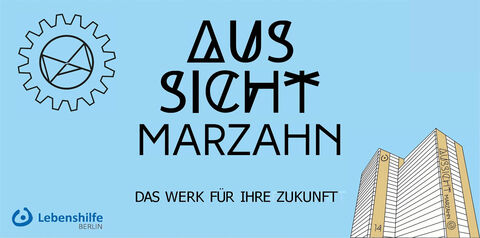 Logo AusSicht MArzah mit dem Schriftzug des Projekts und einem Hochhaus.  Logo AusSicht MArzah mit dem Schriftzug des Projekts und einem Hochhaus.
