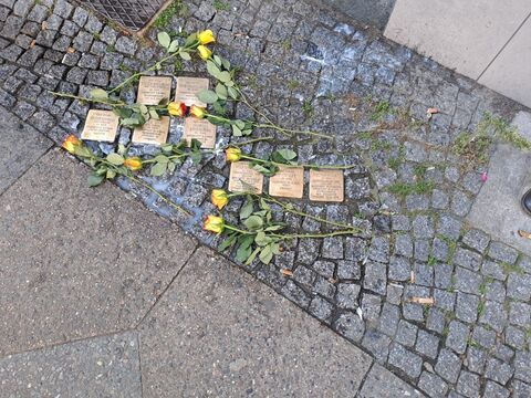 Geputzte Stolpersteine mitngelben Rosenn in Neukölln.