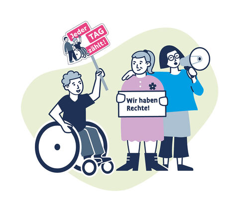 Drei Menschen auf einer Demo mit einem Schild: Wir haben Rechte. © inkl.Design, Gregor Strutz