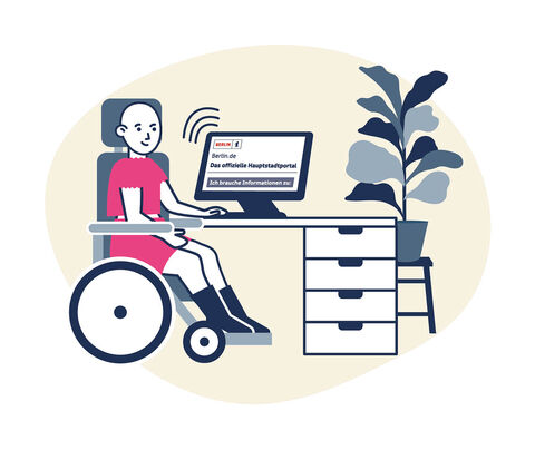 Eine Person im Rollstuhl sitzt an einem Schreibtisch und schaut auf einen Bildschirm, inkl.Design, Gregor Strutz.