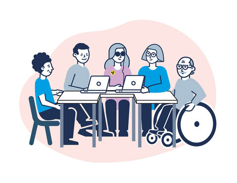 Fünf Personen sitzen an einem Tisch mit zwei Laptops, inkl.Design, Gregor Strutz.