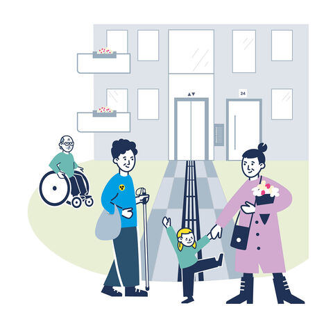 Eine Frau mit Kind, ein blinder Mensch und ein Mensch im Rolli sind vor einem Haus. inkl.Design, Gregor Strutz.