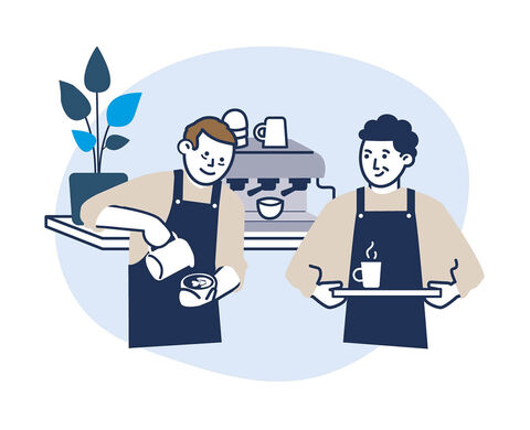 Zwei Personen in Arbeitssachen holen sich einen Kaffee vom Automaten. inkl.Design, Gregor Strutz