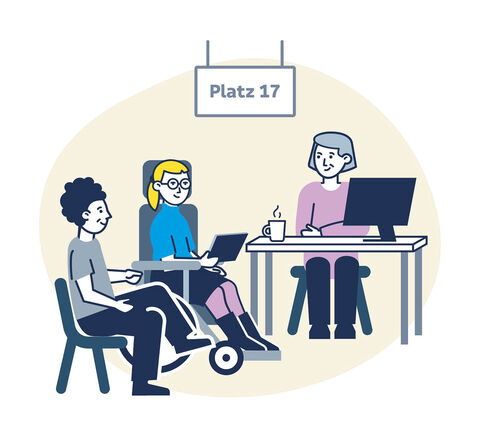 Drei Personen in einem Raum, auf Platz 17. Sie besprechen etwas. inkl.Design, Gregor Strutz