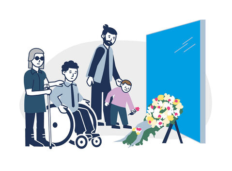 Vier Menschen legen einen Trauerkranz vor eine blaue Wand. inkl.Design, Gregor Strutz