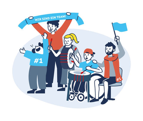 Eine Gruppe von Menschen. Sie trommeln und halten eine Fahne und ein Spruchband: Wir sind ein Team. inkl.Design, Gregor Strutz