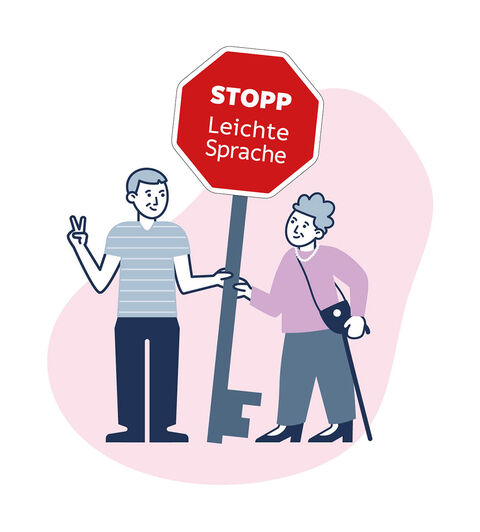 Ein junger Mann und eine ältere Frau halten einen großen Schlüssel auf dem steht: Stopp Leichte Sprache. inkl.Design, Gregor Strutz