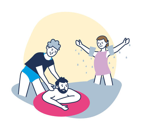 Ein Mann schwimmt im See mit einer Assistenz. Ein Mädchen steht im Wasser. inkl.Design, Gregor Strutz