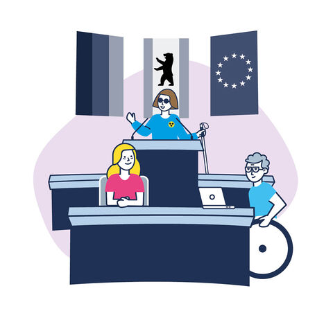 Eine blinde Politikerin spricht im Parlament. inkl.Design, Gregor Strutz