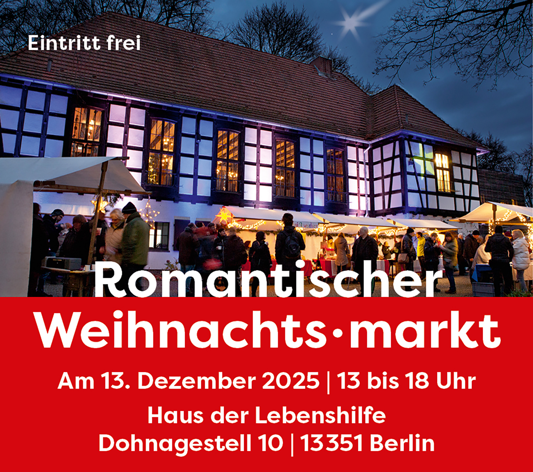 Einladung Weihnachtsmarkt der Lebenshilfe Berlin mit einem Foto vom beleuchteten Haus der Lebenshilfe und Infos zu Ort und Zeit.