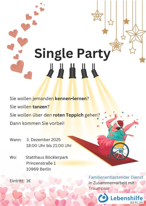 Flyer Single Party am 3.12.2025 mit einem roten Teppich und einem fröhlichen Rollstuhlfahrer.